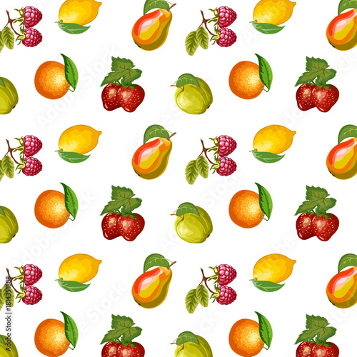 Berries and fruits on a white background.Vector seamless pattern with bright ripe berries and fruits on a white background.