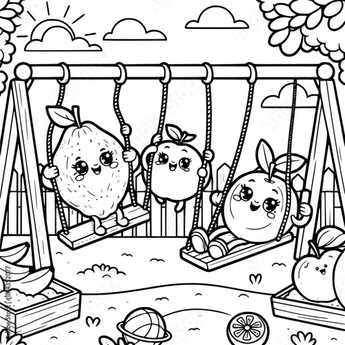 Cute fruit characters happily swinging on playground equipment