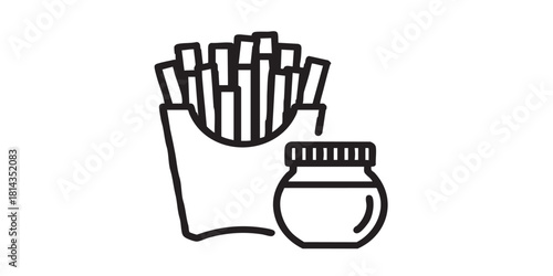 Sauce and fried potatoes line icon, fast food concept. Vector graphics. Potatoes in box with sauce jar, fastfood sign on white background, style icon mobile or web desig