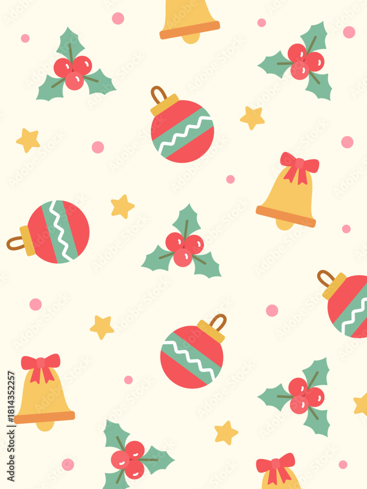 Fototapeta premium Colorful seamless Christmas pattern featuring Christmas balls, bells, and mistletoe on warm yellow background. Perfect for cheerful winter crafts, labels, and cozy decor items.