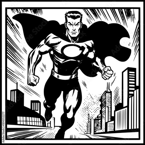 illustration of black and white super hero in action