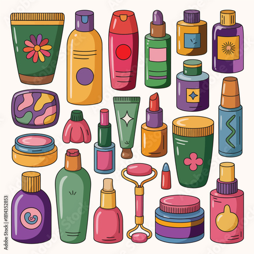 A seamless vector pattern of cosmetic product icons including perfume glass bottles and beauty product sets