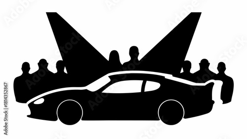 Exclusive car reveal with spotlights and audience, sleek automotive design, modern vehicle debut, exciting launch event for new sports car model, icon