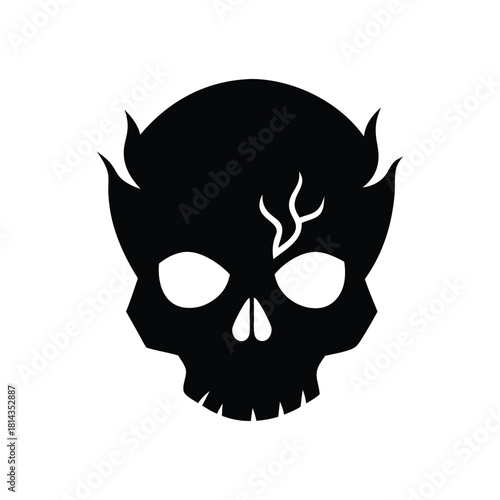 Stylized black skull icon with horns and crack vector graphic Vector