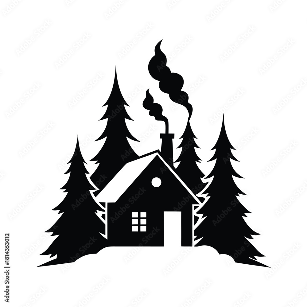 Obraz premium Charming winter cabin nestled among tall pine trees with smoke Vector