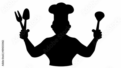 Excited chef silhouette ready to cook, holding utensils, perfect for restaurant menus, food blogs, and culinary designs celebrating delicious cuisine