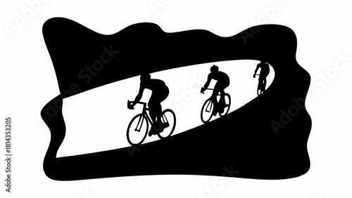 Dynamic cyclists racing uphill, perfect for sports branding or fitness campaigns, conveying energy and competitive spirit with clean, modern design