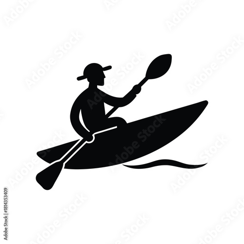 Kayaker paddling on water, simple silhouette vector icon graphic Vector