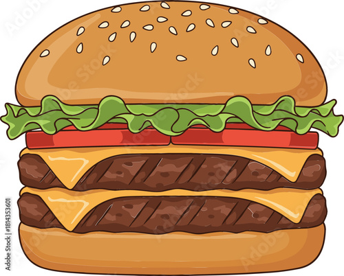 Delicious Double Cheeseburger Vector Illustration with Sesame Seed Bun, Fresh Lettuce, Sliced Tomato, and Two Hearty Beef Patties for Restaurant Menu Design.