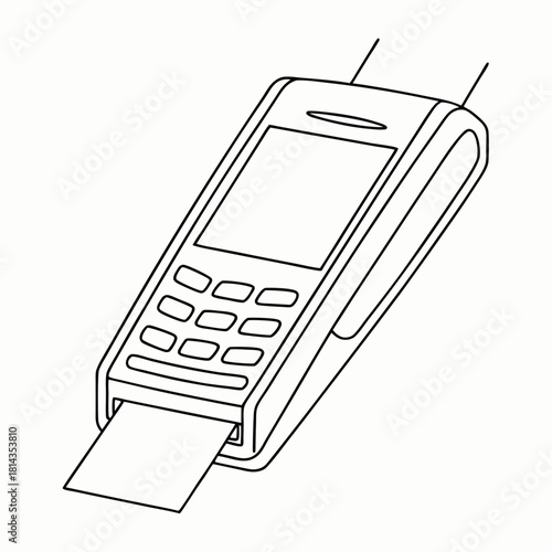 Line drawing of a touch screen bank terminal with card inserted for financial transactions and payment processing