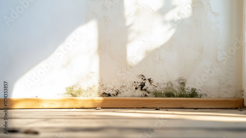 A corner of a room showing mold growth on the wall and floor.