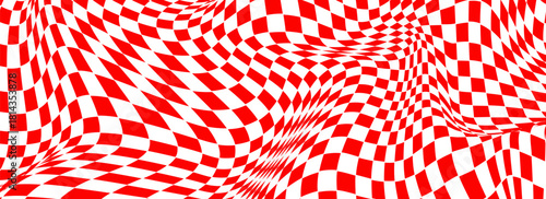 Trippy checkerboard background. Retro psychedelic checkered wallpaper. Wavy groovy chessboard surface. Distorted geometric grid chess pattern. Abstract red and white race flag backdrop. Eps10