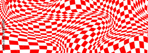Trippy checkerboard background. Retro psychedelic checkered wallpaper. Wavy groovy chessboard surface. Distorted geometric grid chess pattern. Abstract red and white race flag backdrop. Eps10