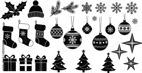 Black Christmas icon bundle, festive silhouette vector with Christmas trees, ornaments, stockings, snowflakes, gifts, stars, pine branches, winter holiday design
