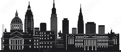 Historic classical domes and modern skyscrapers skyline, cityscape silhouette blending government architecture, statues, spire towers, urban skyline evolution, black and white vector