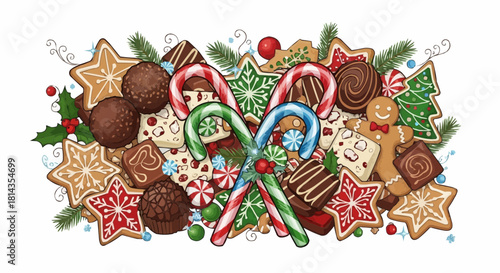 Festive christmas sweets and treats assortment with gingerbread and candy canes arrangement view