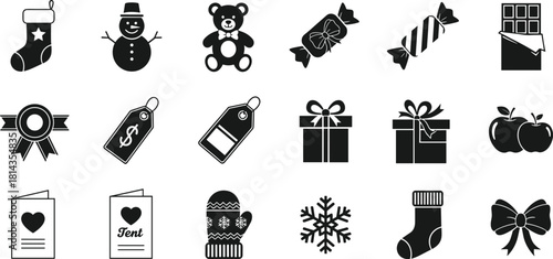 Christmas and winter silhouette icon bundle with stocking, snowman, teddy bear, candy, chocolate bar, gift boxes, tags, snowflake, bow
