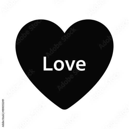 Black heart shape with white text spelling the word Love symbol