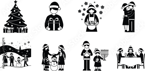 Christmas family celebration silhouettes, festive holiday scenes with tree, gifts, baking, hugging couple, snowman fun, dinner gathering, winter vector icons