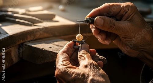 A Bahraini pearl diver's wrinkled, experienced hands carefully drilling a tiny hole through a natural pearl for a necklace. Soft, directional workshop window light illuminates the scene.
