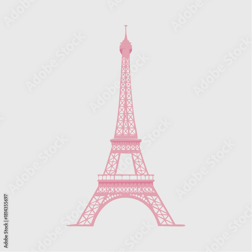 Stylized pink Eiffel Tower illustration on a light background, iconic Parisian landmark, representing travel and romance.