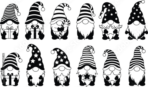 Christmas gnome silhouette bundle with gift boxes, candy cane, stars, striped hats, cute holiday dwarfs, festive winter decoration vector set