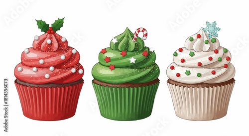 Three festive christmas cupcakes with red green and white frosting and holiday decorations displayed