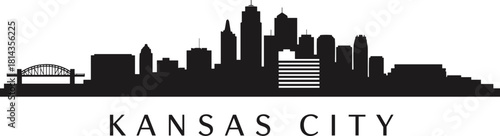 Kansas City skyline silhouette, black cityscape vector, urban architecture illustration, iconic buildings, Missouri landmark art, minimalist design, travel destination graphict