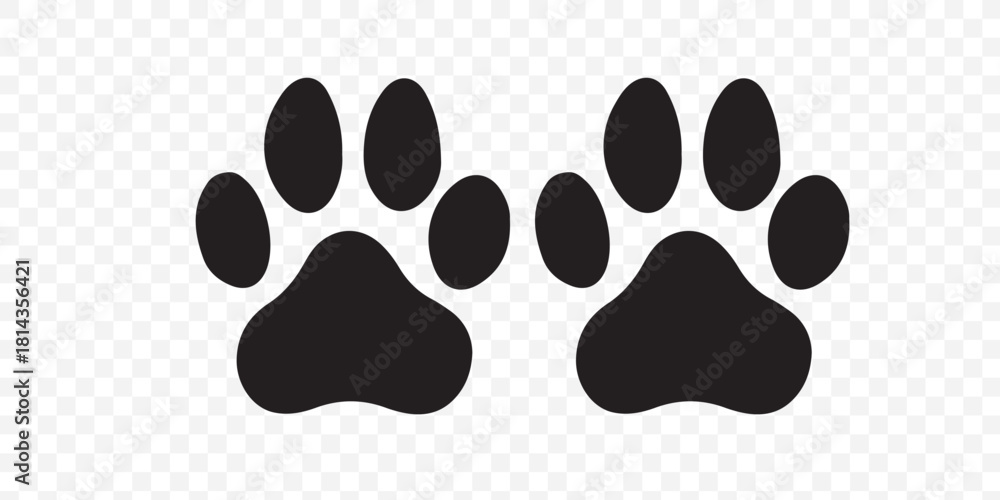Fototapeta premium Seamless background displays a pattern of black animal paw prints scattered across a clean white backdrop, creating a playful and modern design perfect for various creative projects