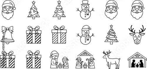 Christmas icon illustration set, festive symbols, black and white, holiday clipart, Santa, snowman, Nativity, gift boxes, reindeer
