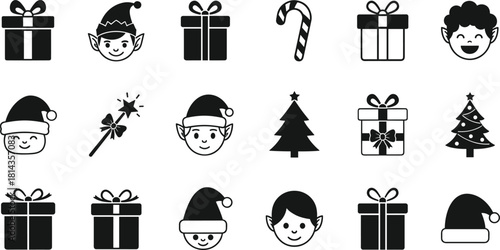 Christmas icon set, festive symbols, black and white, holiday clipart, elf faces, gift boxes, Santa hats, seasonal illustrations