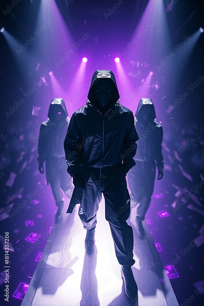 Fototapeta premium Mysterious figure in dark futuristic outfit walks down a glowing purple runway with two blurred figures following under dramatic spotlight beams, suggesting a fashion show or performance