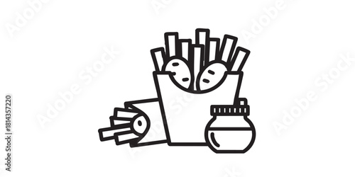 Sauce and fried potatoes line icon, fast food concept. Vector graphics. Potatoes in box with sauce jar, fastfood sign on white background, style icon mobile or web desig