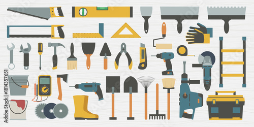 a construction tools set on wooden back