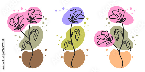 Flowers one continuous line art with abstract pink green and brown shape collection.Vector illustration