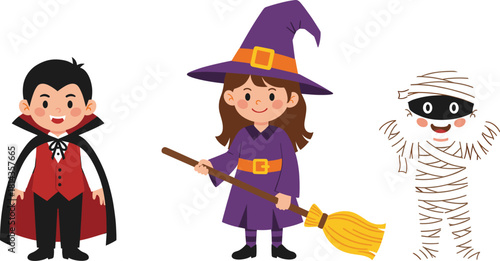 Cartoon kids in Halloween costumes of vampire, witch, and mummy, spooky character for children illustration, festive vector art design