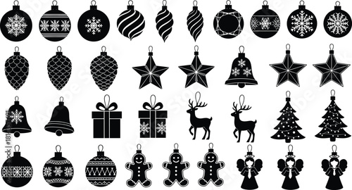 Christmas ornament silhouette bundle with baubles, stars, bells, pinecones, gift boxes, reindeer, trees, gingerbread figures, festive holiday decoration set