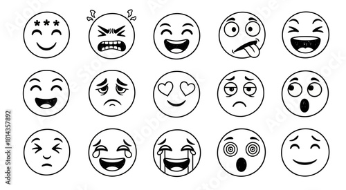 Collection of hand drawn emoji faces expressing various emotions