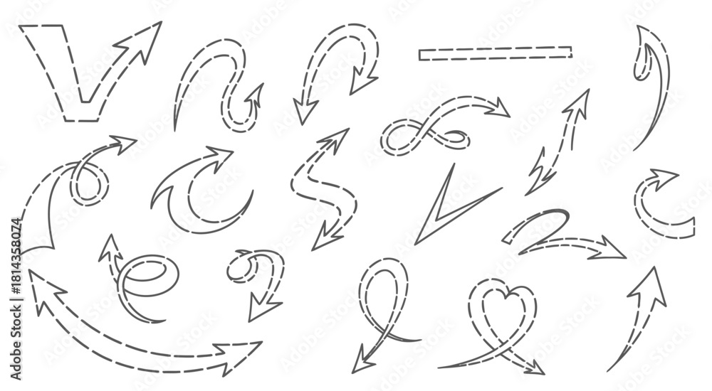 Fototapeta premium Collection of hand drawn arrows with dotted lines on white background