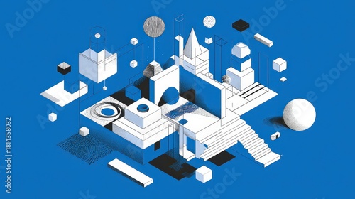 Fototapeta Naklejka Na Ścianę i Meble -  Geometric Abstraction Featuring Isometric White and Dark Blue Shapes with Pixelated Textures on a Solid Blue Background