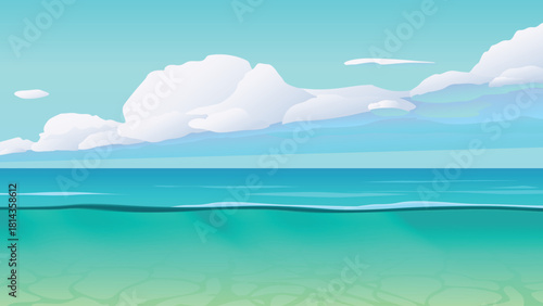 Blue tropical sea with clouds and horizon