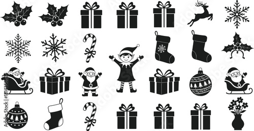 Christmas silhouette icon bundle with holly, gifts, snowflakes, candy canes, stockings, Santa sleigh, ornaments, elf character, winter festive decoration set