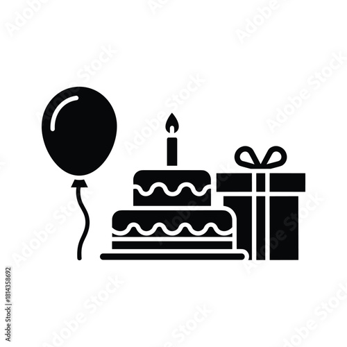 Black silhouette of a birthday cake with a candle a balloon and a gift present