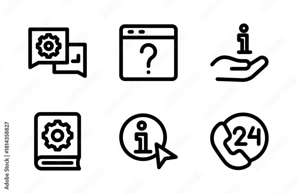 Fototapeta premium Essential help icon set featuring modern support and assistance symbols crafted for service guidance, user aid visuals, and professional communication projects