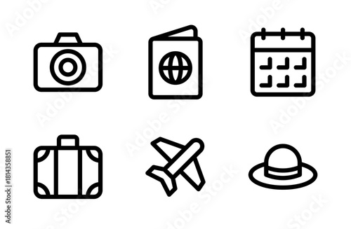 Vibrant travel and vacation icon set featuring modern journey symbols designed for tourism branding, adventure planning visuals, and global destination projects