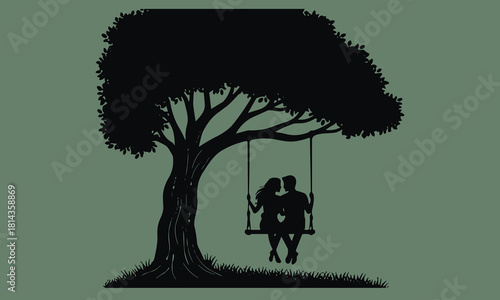 Romantic couple sitting on swing beneath large tree, love silhouette scene representing peaceful affection and intimate outdoor moment