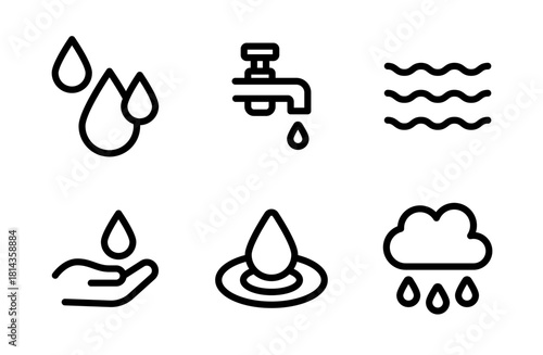 Pure water icon set featuring modern hydration and liquid symbols crafted for wellness branding, eco visuals, and clean resource design projects