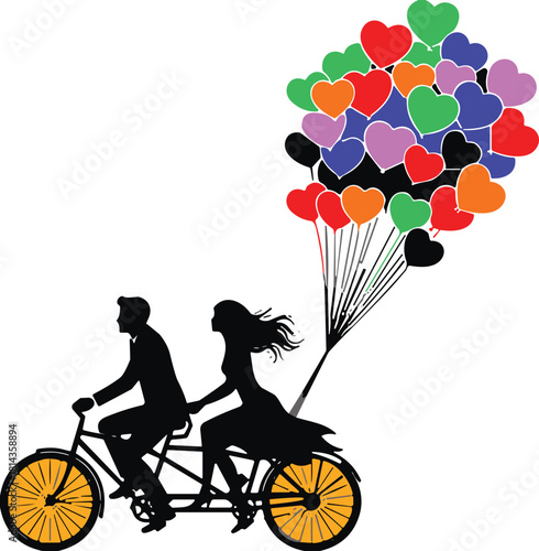 Romantic couple riding tandem bicycle with colorful heart balloons, joyful love illustration symbolizing happiness celebration and togetherness