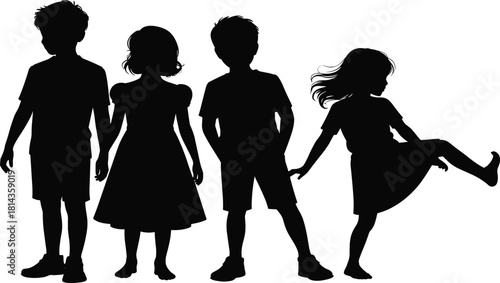 Silhouette group of children standing together, playful kids posing in various stances representing innocence, unity, childhood and friendship