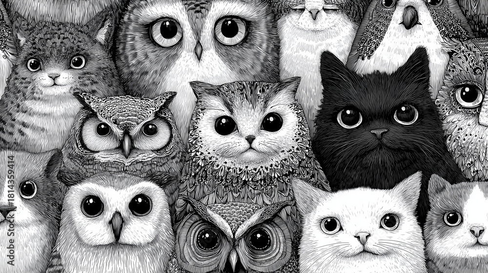 exaggerated animal portraits with patterned fur and feathers, whimsical doodle art